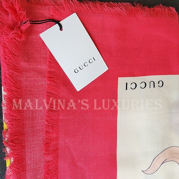GUCCI SCARF MISS FLORA PRINT SHAWL WOOL SILK PINK BORDER SQUARE sz 55" - Picture 11 of 13